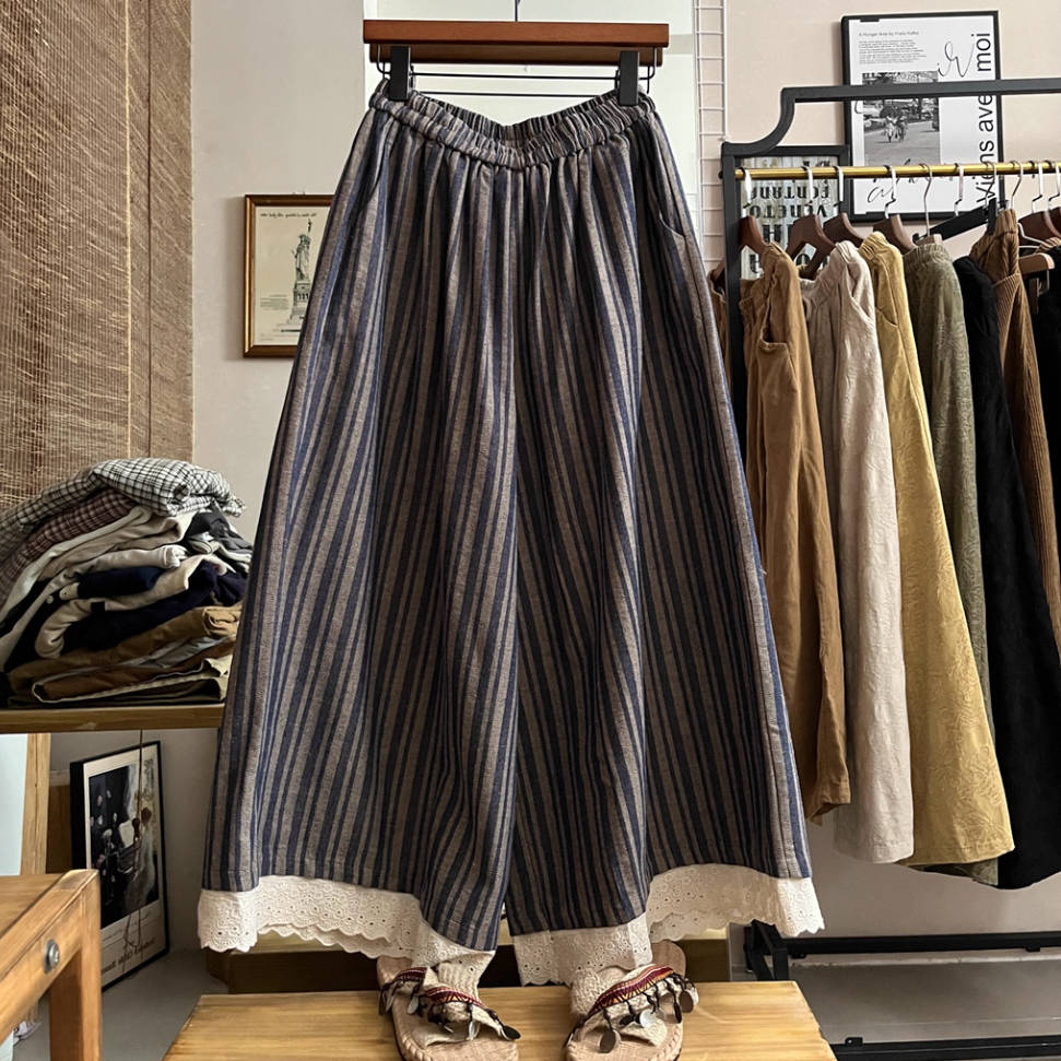 Retro Cotton Lace Patchwork Striped Elastic Waist Pants