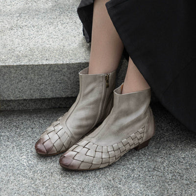 Leather Elegant Pointed Toe Woven Dyed Cowhide Ankle Boots