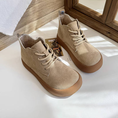 Casual Sueded Leather Platform Round Toe Lace-Up Boots