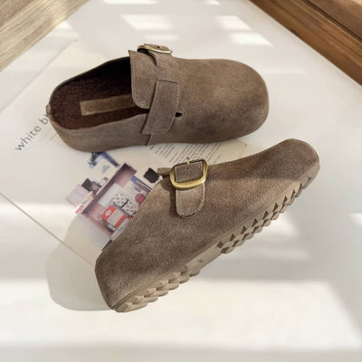 Retro Leather Sueded Round Wide Toe Warm Sole Flat Slippers