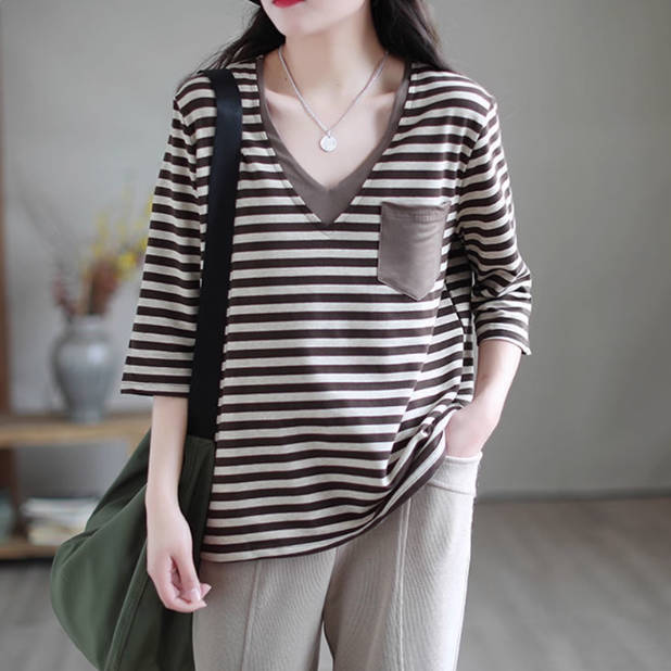 100% Cotton V-Neck Striped Pocket 3/4 Sleeves Pull-overs