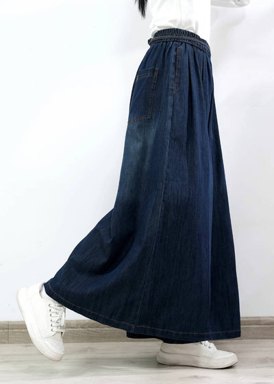 Women Retro Denim Blue Loose High Elastic Waist Lace-Up Jeans