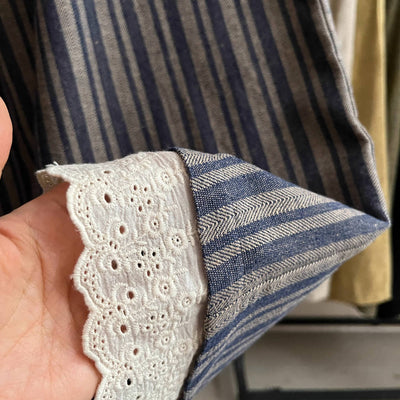 Retro Cotton Lace Patchwork Striped Elastic Waist Pants