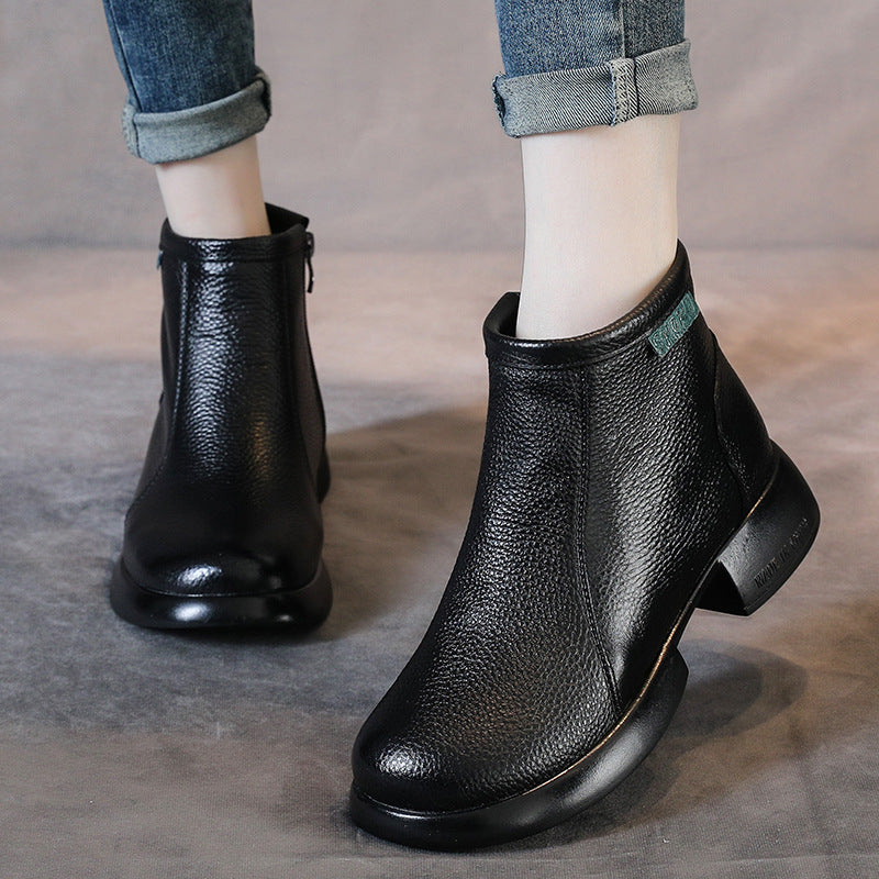 Genuine Leather Elegant Soft Sole Chunky Simple Zipper Ankle Boots