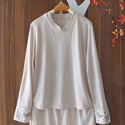 Embroidered Cotton Stand Collar Elastic Loose Overshirts
