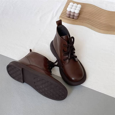 Vintage Top Leather Round Toe Soft Sole Lace-Up Ankel Boots