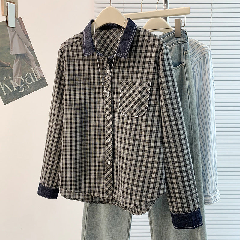 Vintage Plaid Denim Patchwork Long Sleeve Loose Shirt