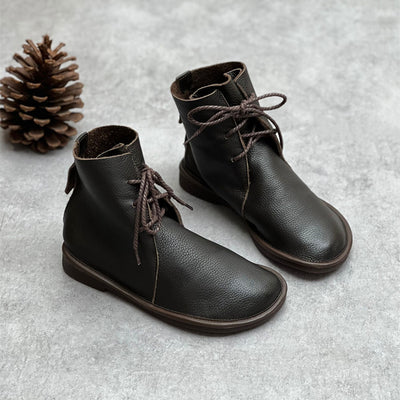 Vintage Leather Soft Sole Comfy Lace-Up Flat Ankle Boots