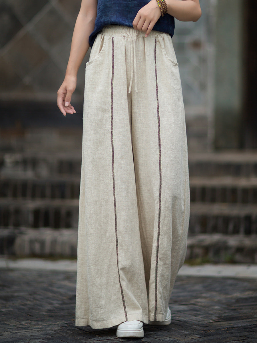 Autumn Ramie Washed Striped Loose Elastic Waist Pants