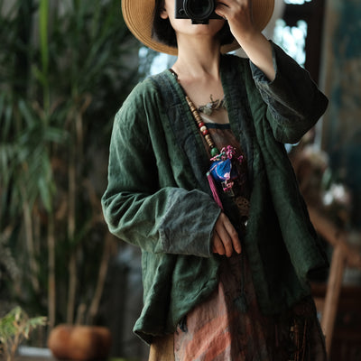 Women Retro Autumn Linen Thick V-Neck Plus Size Coat