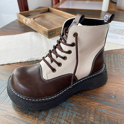 Women Retro Leather Patchwork Platform Lace-Up Ankle Boots