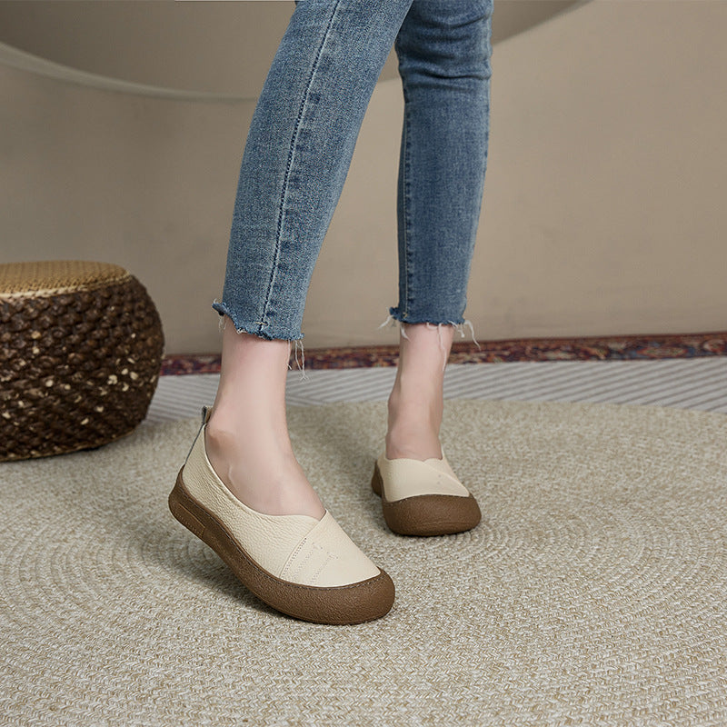 Genuine Leather Round Toe Rubber Soft Sole Shallow Flats