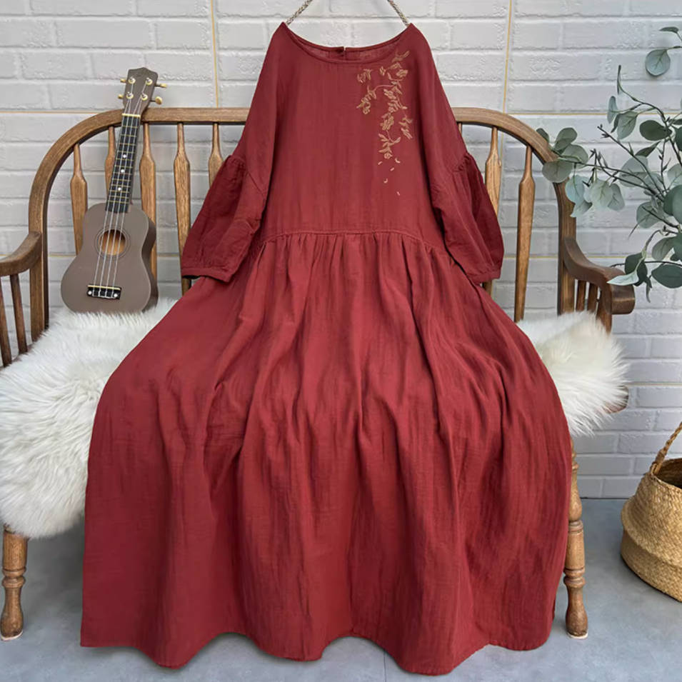 Retro Cotton Embroidered Lantern Sleeves Plus Size Dress