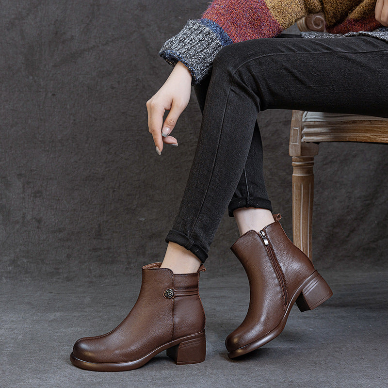 Genuine Leather Retro Elegant Chunky Versatile Zipper Ankle Boots