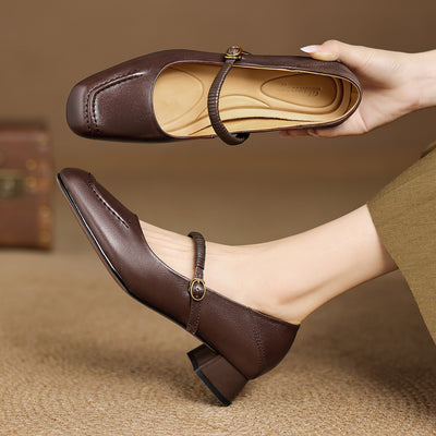 Vintage Leather Square Toe One Straped Chunky Shoes