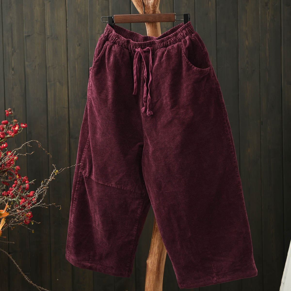 Women Winter Vintage Corduroy Tie-Waist Quilted Wide-Leg Pants