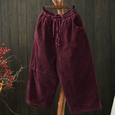 Women Winter Vintage Corduroy Tie-Waist Quilted Wide-Leg Pants