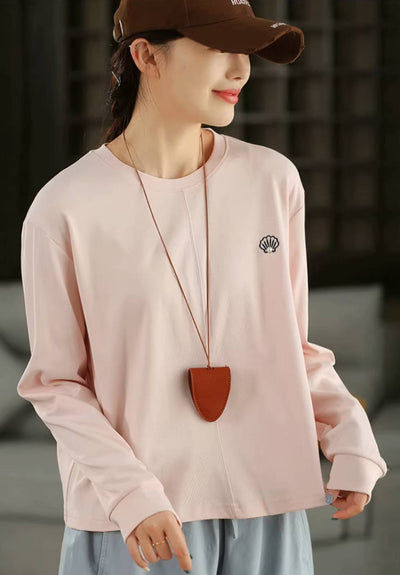 Versatile Cotton Round Neck Embroidered Pearl Long Sleeves Shirt