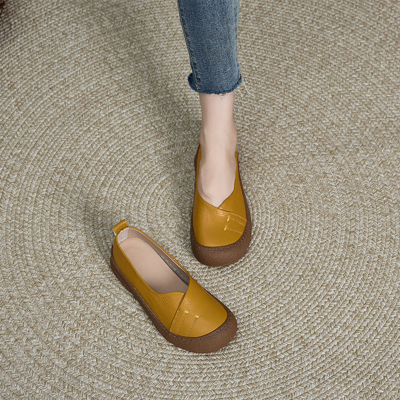 Genuine Leather Round Toe Rubber Soft Sole Shallow Flats