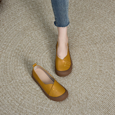 Genuine Leather Round Toe Rubber Soft Sole Shallow Flats