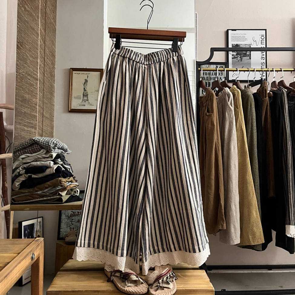 Retro Cotton Lace Patchwork Striped Elastic Waist Pants