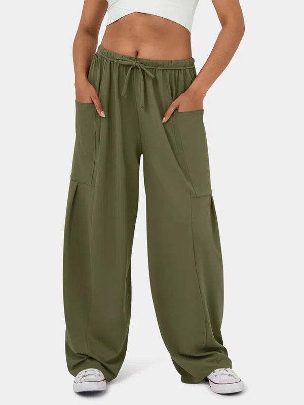 Women Casual Loose Solid Color Elastic Waist Lace-Up Pants