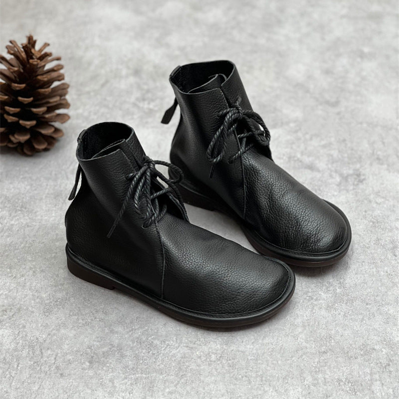 Vintage Leather Soft Sole Comfy Lace-Up Flat Ankle Boots