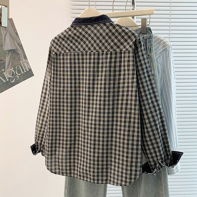 Vintage Plaid Denim Patchwork Long Sleeve Loose Shirt