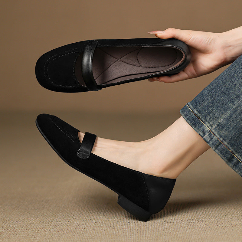 Women Genuine Leather Suede Round Toe Flats Slip-On Shoes