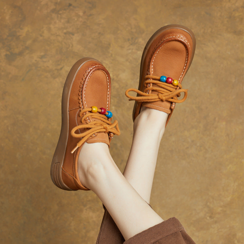 Vintage Leather Round Toe Soft Flat Sole Loafer Lace Up Shoes