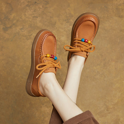 Vintage Leather Round Toe Soft Flat Sole Loafer Lace Up Shoes