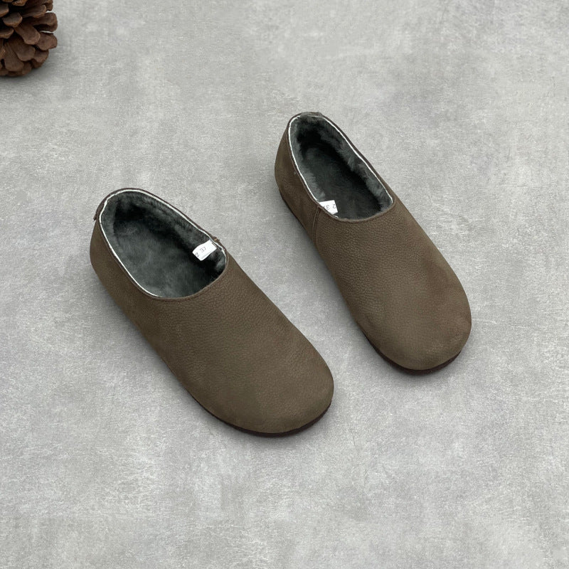 Winter Sheepskin Leather Retro Round Toe Fleece-Lined Flats