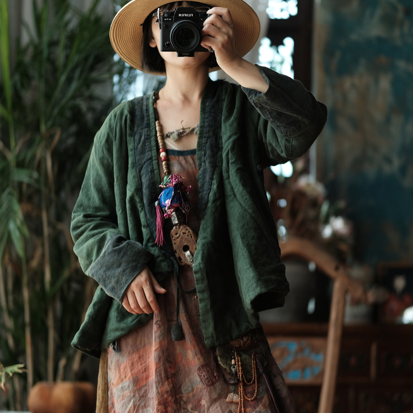 Women Retro Autumn Linen Thick V-Neck Plus Size Coat