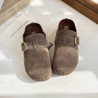 Retro Leather Sueded Round Wide Toe Warm Sole Flat Slippers