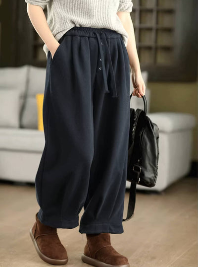 Pantalones de invierno de algodón grueso con cintura elástica y cordones de felpa, holgados y cálidos.