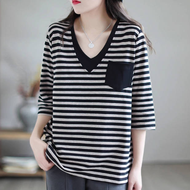 100% Cotton V-Neck Striped Pocket 3/4 Sleeves Pull-overs