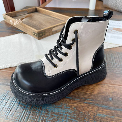 Women Retro Leather Patchwork Platform Lace-Up Ankle Boots