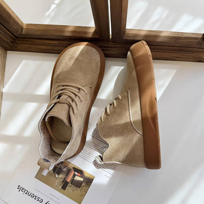 Casual Sueded Leather Platform Round Toe Lace-Up Boots