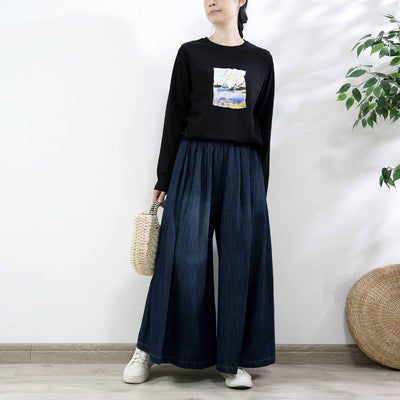 Women Retro Denim Blue Loose High Elastic Waist Lace-Up Jeans