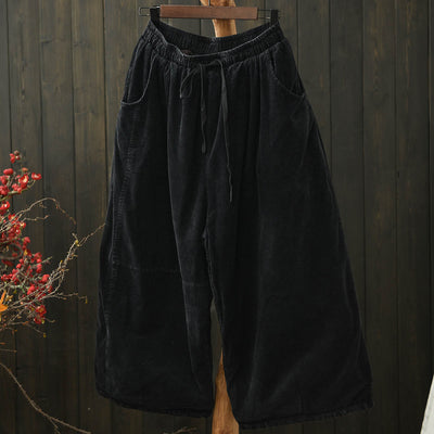 Women Winter Vintage Corduroy Tie-Waist Quilted Wide-Leg Pants