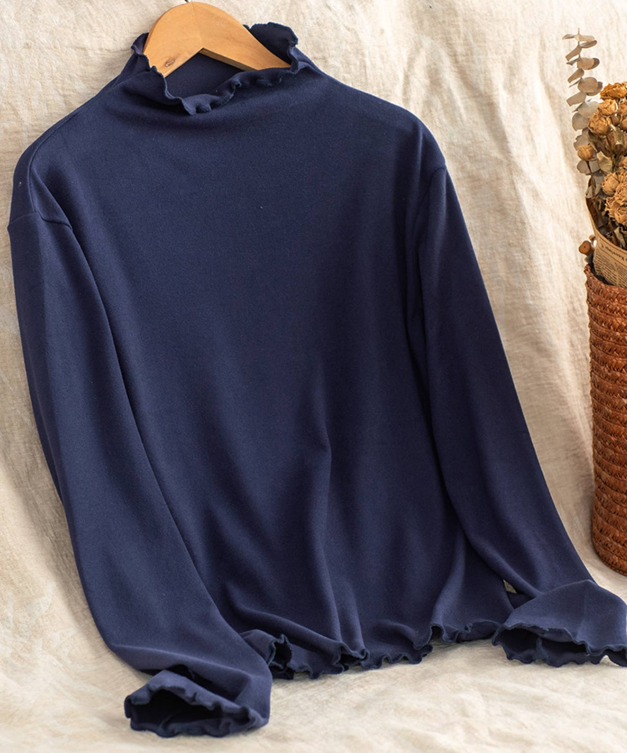 Women 100% Cotton Ruffled Collar Soft Slim Long Sleeves Tops