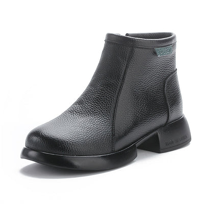 Genuine Leather Elegant Soft Sole Chunky Simple Zipper Ankle Boots