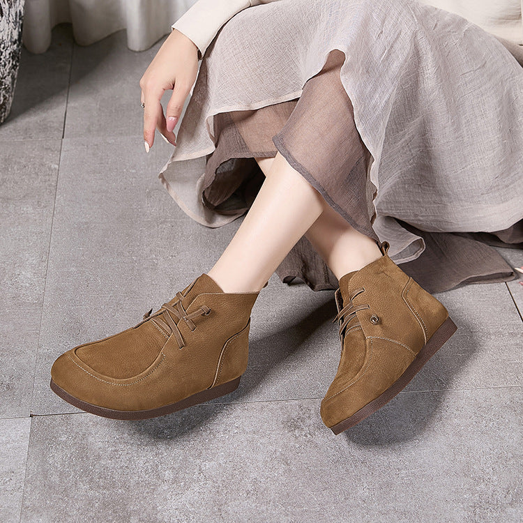 Autumn Retro Leather Soft Flat Sole Lace-Up Ankle Boots