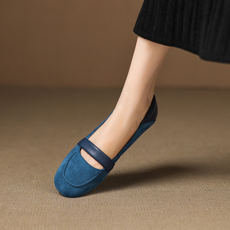 Women Genuine Leather Suede Round Toe Flats Slip-On Shoes