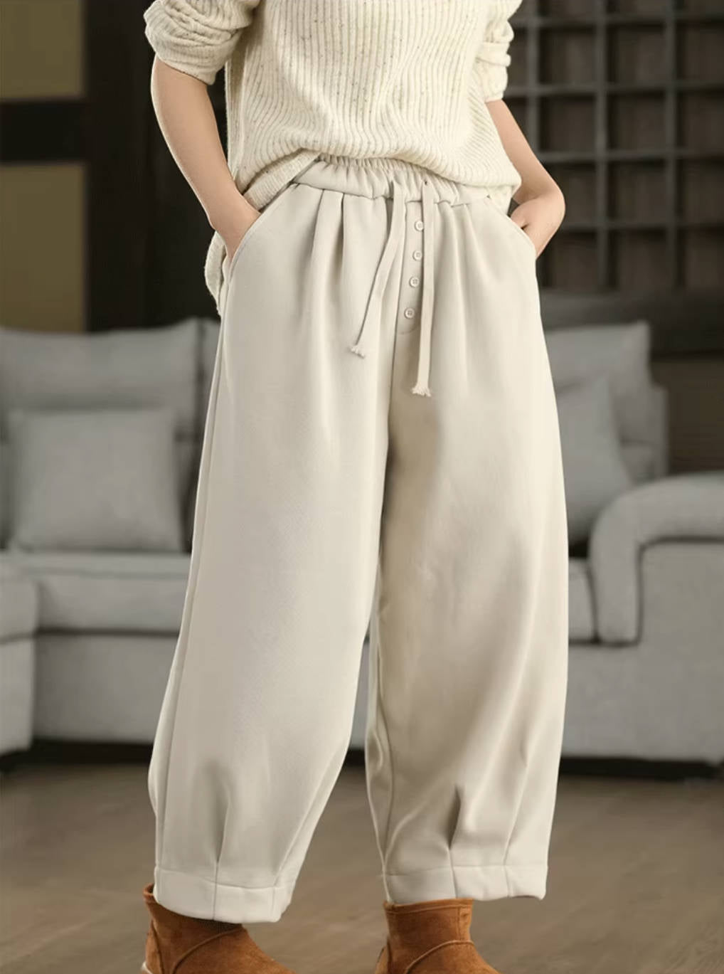 Pantalones de invierno de algodón grueso con cintura elástica y cordones de felpa, holgados y cálidos.