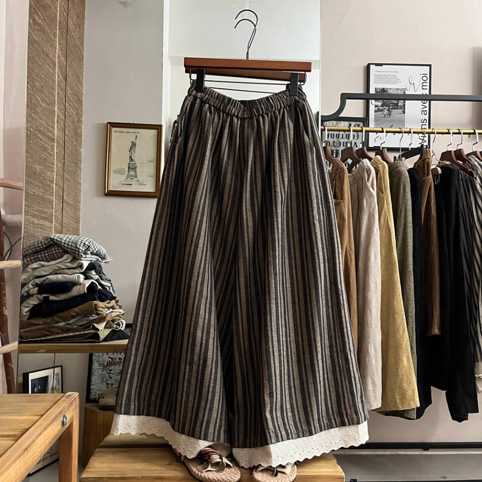 Retro Cotton Lace Patchwork Striped Elastic Waist Pants