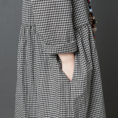 Round Neck Cotton Linen Black Plaid Long Sleeves Loose Dress