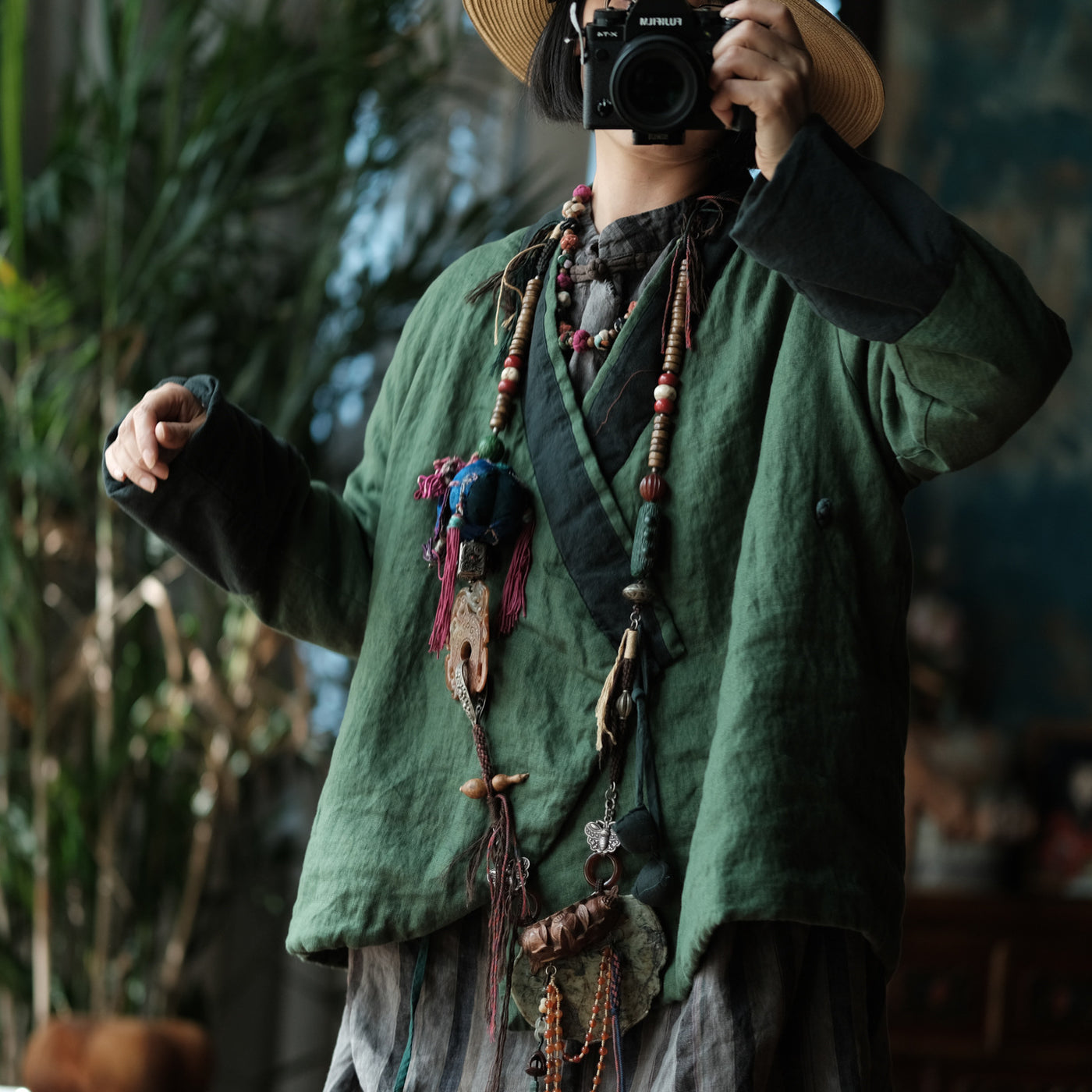 Women Retro Autumn Linen Thick V-Neck Plus Size Coat