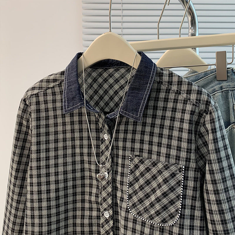 Vintage Plaid Denim Patchwork Long Sleeve Loose Shirt