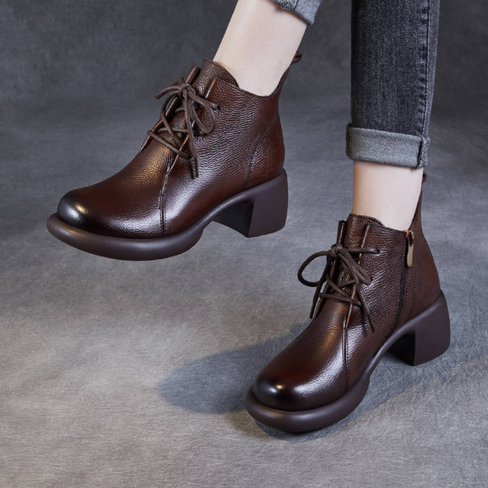 Retro Leather Chunky Elegant Lace-Up Zipper Ankle Boots